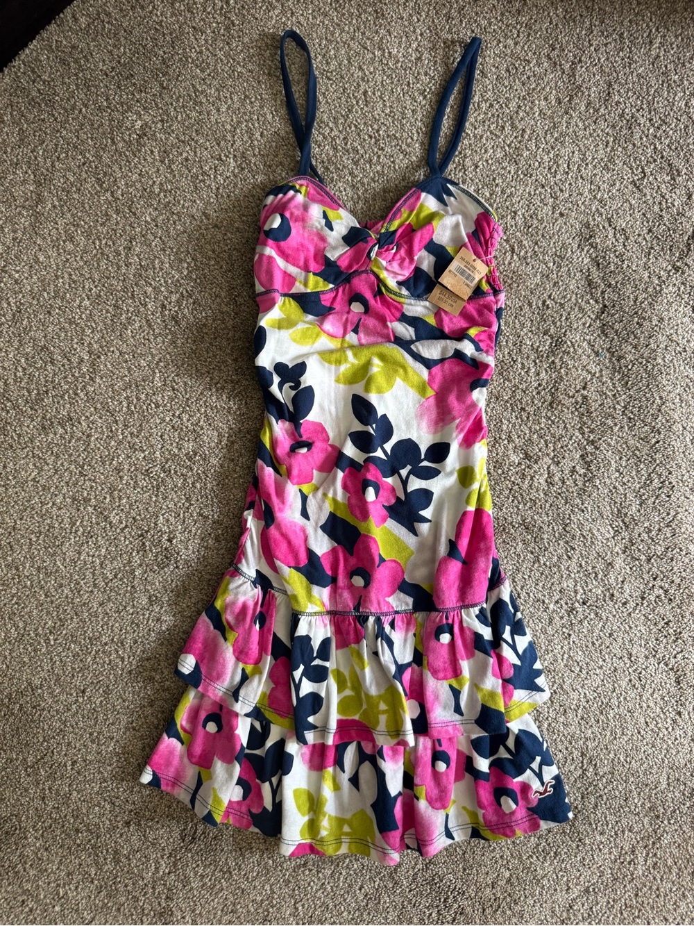 Hollister Floral Tiered Summer Dress in Pink, Navy & Lime Size XS